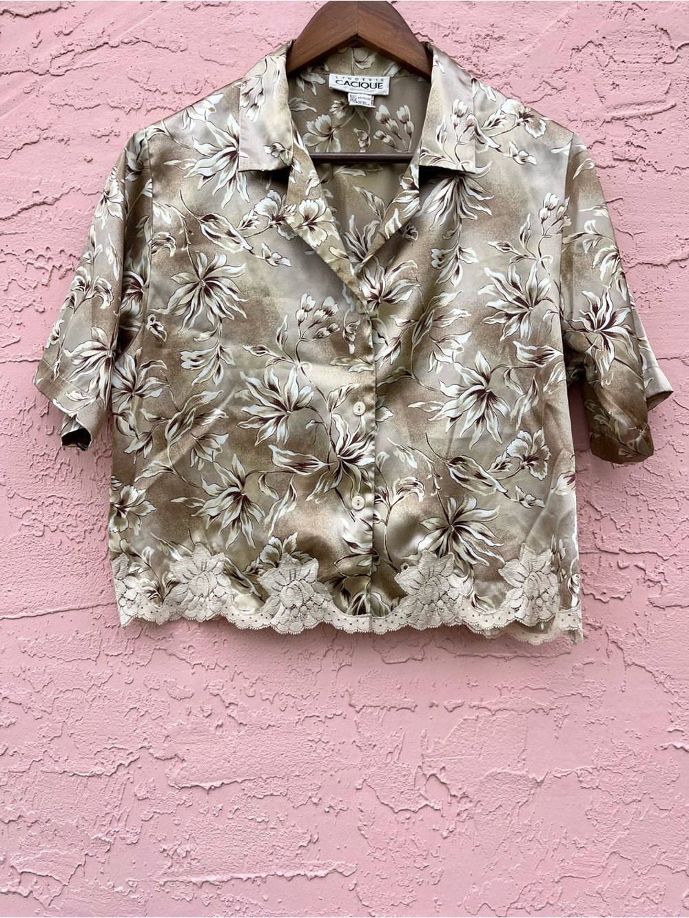 Cacique Lace Trimmed Floral Lingerie Top Brown Floral Satin Silky Shiny Size 8